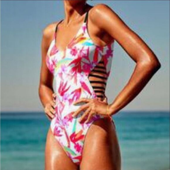 Victoria's Secret PINK Neon Pink Hibiscus Floral Print One Piece Swimsuit Size M - Picture 1 of 16